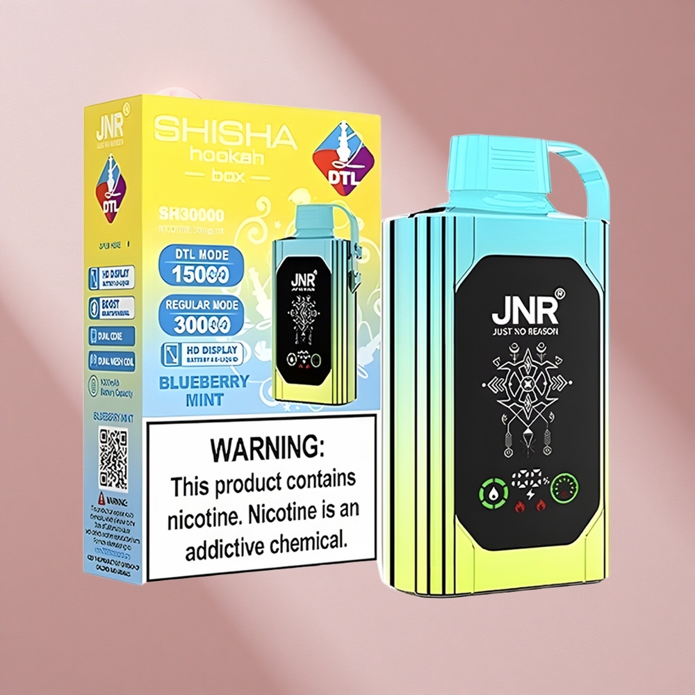JNR Shisha Hookah Box 20500 Puffs с HD дисплеем и Dual Mesh Coil, Чернично-Мятный